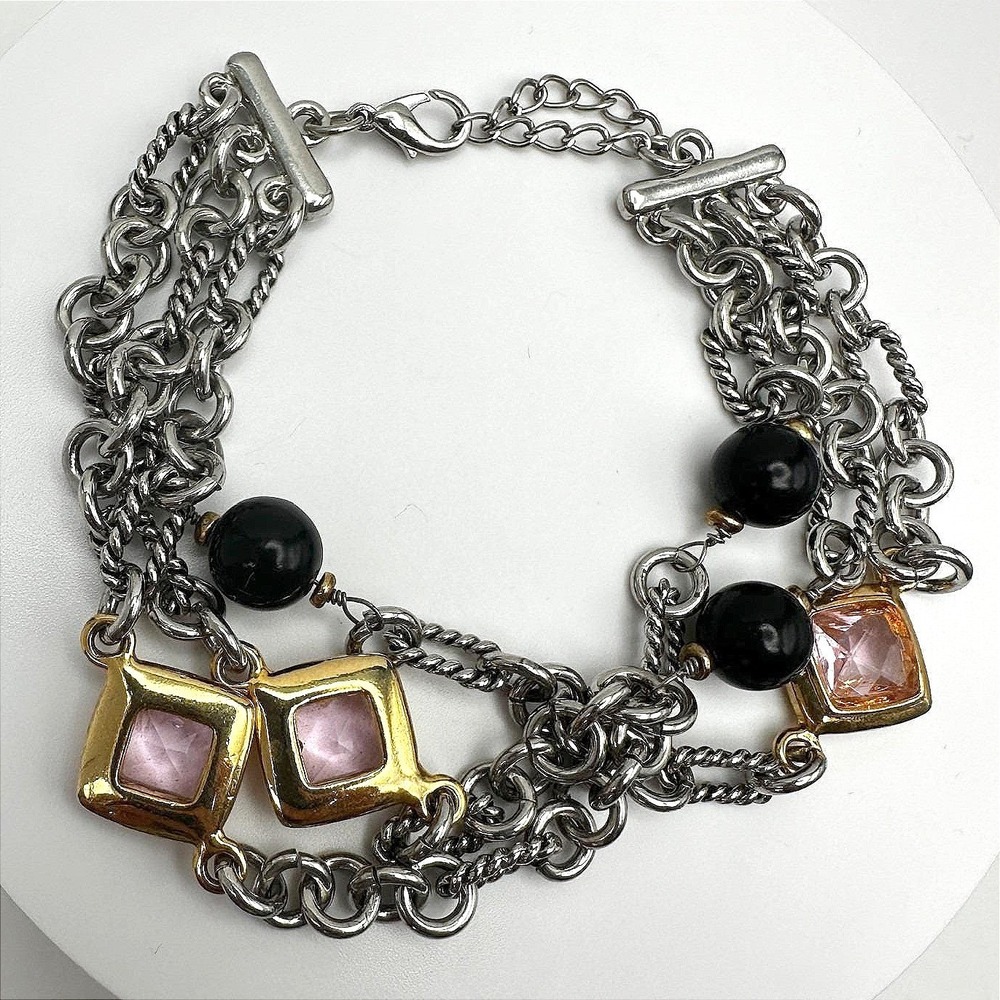 Vintage 90s Multi Chain Pink Crystal Black Bead Bracelet Silver Tone Jewelry Y2K